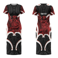 Whero Aotearoa Atua Tumatauenga Personalised Family Matching Short Sleeve Bodycon Dress and Hawaiian Shirt Maori God Of War Tiki With Taiaha LT14 Mom's Dress Red - Polynesian Pride