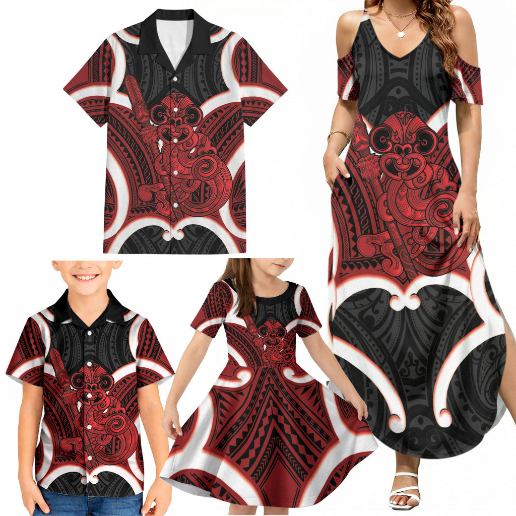 Whero Aotearoa Atua Tumatauenga Personalised Family Matching Summer Maxi Dress and Hawaiian Shirt Maori God Of War Tiki With Taiaha LT14 - Polynesian Pride