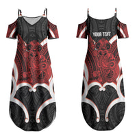 Whero Aotearoa Atua Tumatauenga Personalised Family Matching Summer Maxi Dress and Hawaiian Shirt Maori God Of War Tiki With Taiaha LT14 Mom's Dress Red - Polynesian Pride