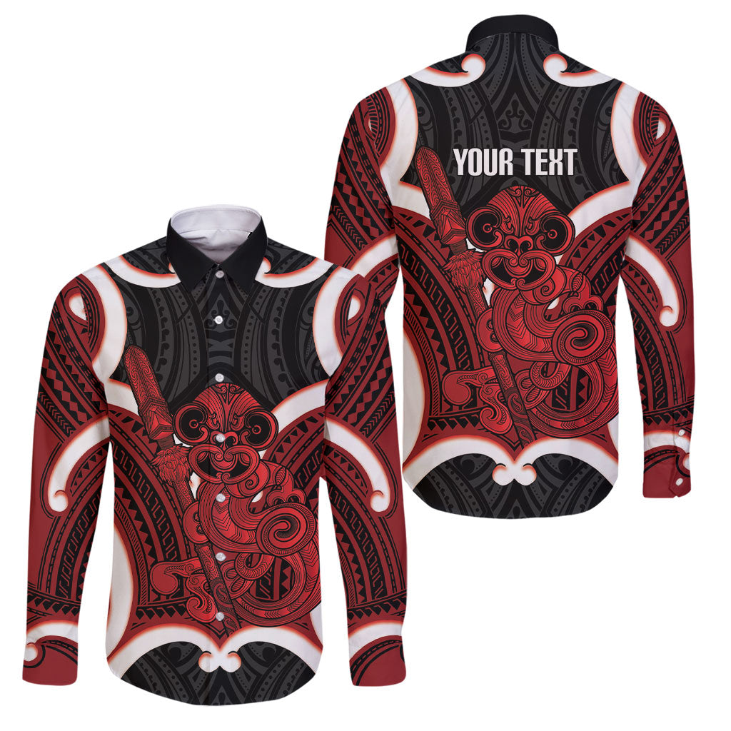 Whero Aotearoa Atua Tumatauenga Personalised Family Matching Summer Maxi Dress and Hawaiian Shirt Maori God Of War Tiki With Taiaha LT14 Dad's Shirt - Long Sleeve Red - Polynesian Pride