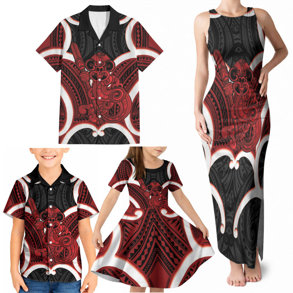 Whero Aotearoa Atua Tumatauenga Personalised Family Matching Tank Maxi Dress and Hawaiian Shirt Maori God Of War Tiki With Taiaha LT14 - Polynesian Pride