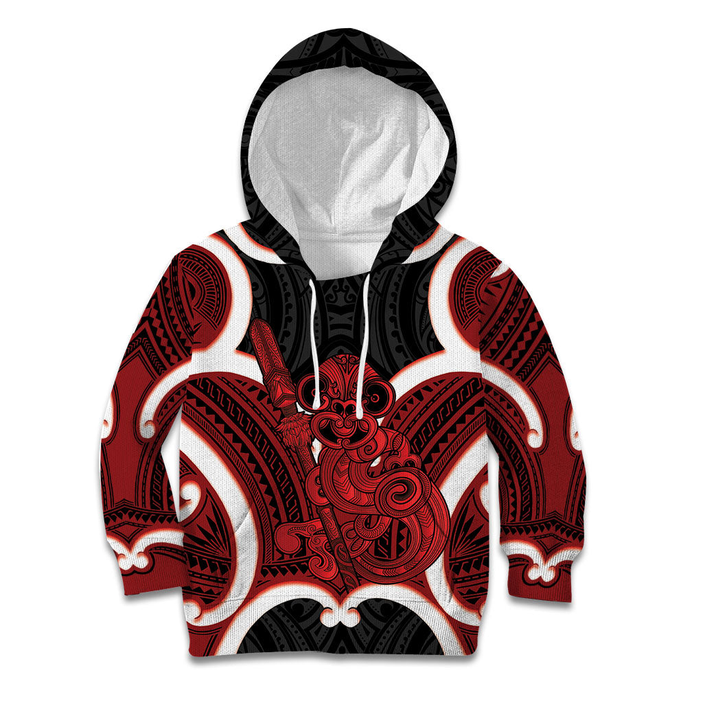 Whero Aotearoa Atua Tumatauenga Personalised Kid Hoodie Maori God Of War Tiki With Taiaha LT14 Hoodie Red - Polynesian Pride