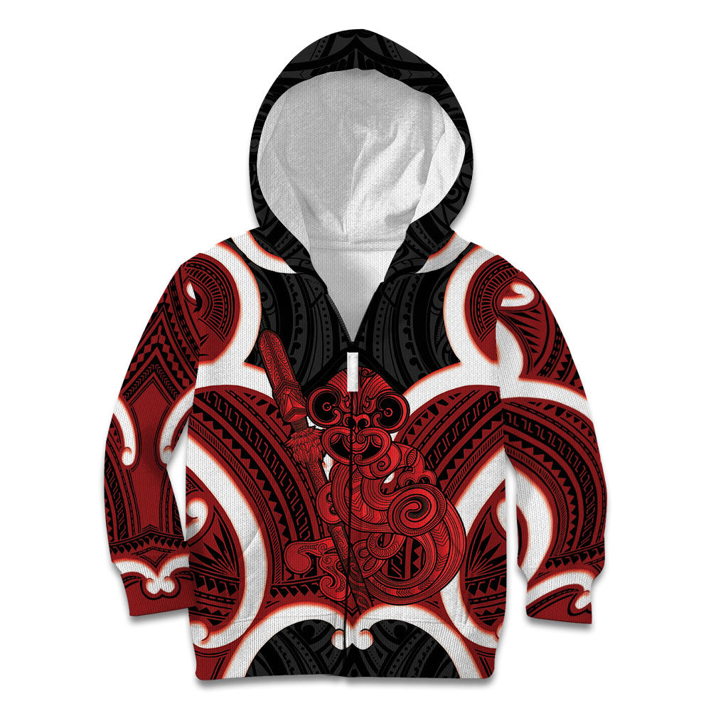 Whero Aotearoa Atua Tumatauenga Personalised Kid Hoodie Maori God Of War Tiki With Taiaha LT14 Zip Hoodie Red - Polynesian Pride