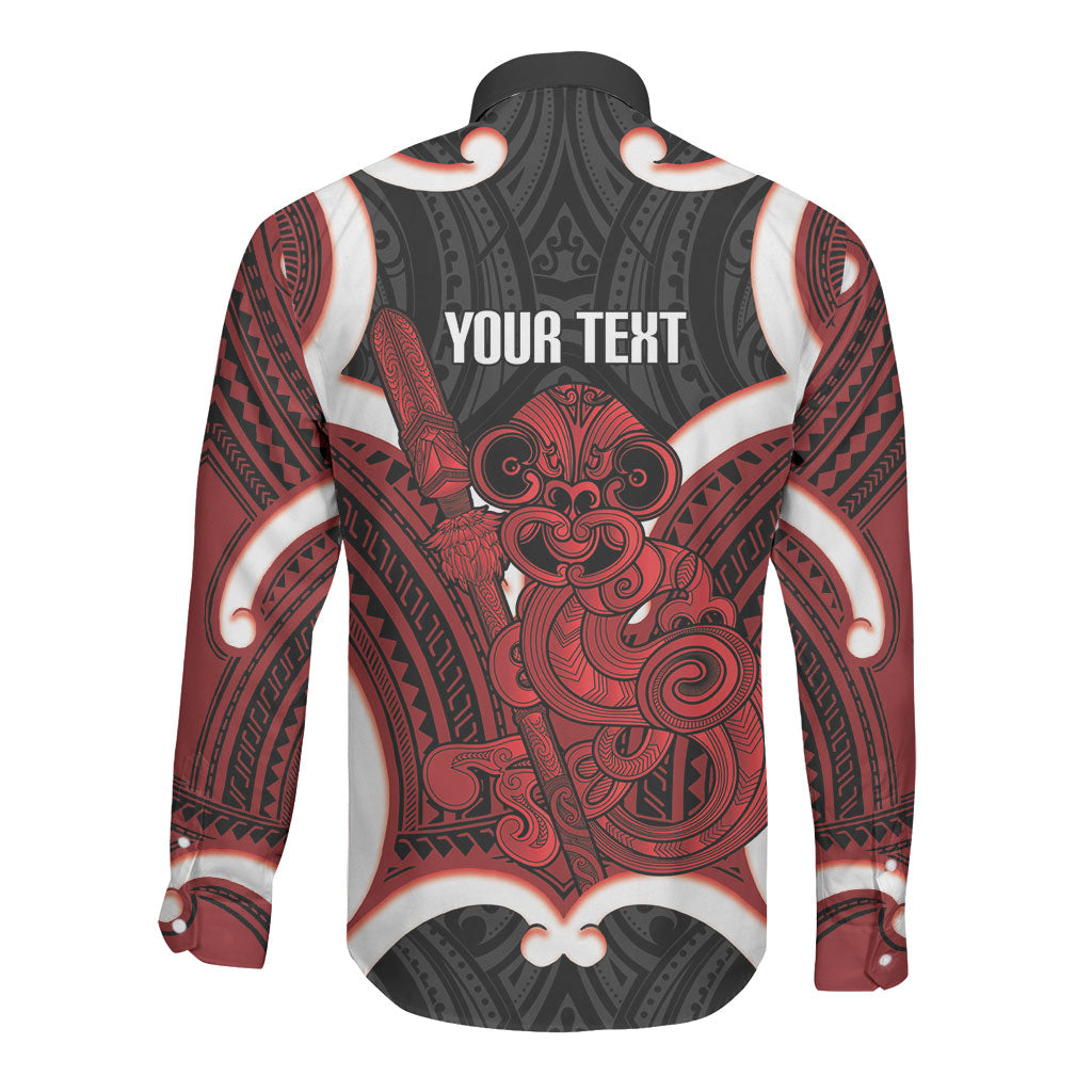 Whero Aotearoa Atua Tumatauenga Personalised Long Sleeve Button Shirt Maori God Of War Tiki With Taiaha LT14 - Polynesian Pride