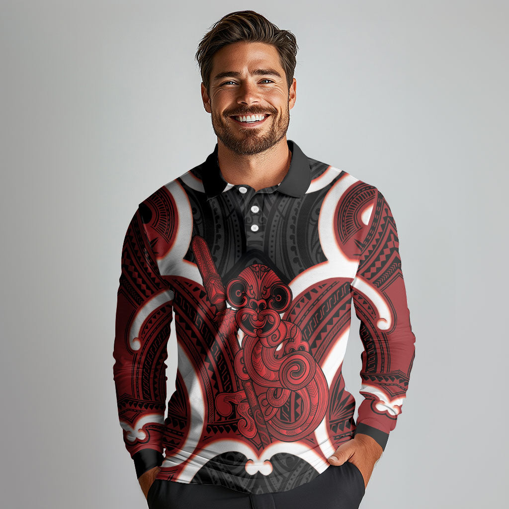 Whero Aotearoa Atua Tumatauenga Personalised Long Sleeve Polo Shirt Maori God Of War Tiki With Taiaha LT14 - Polynesian Pride