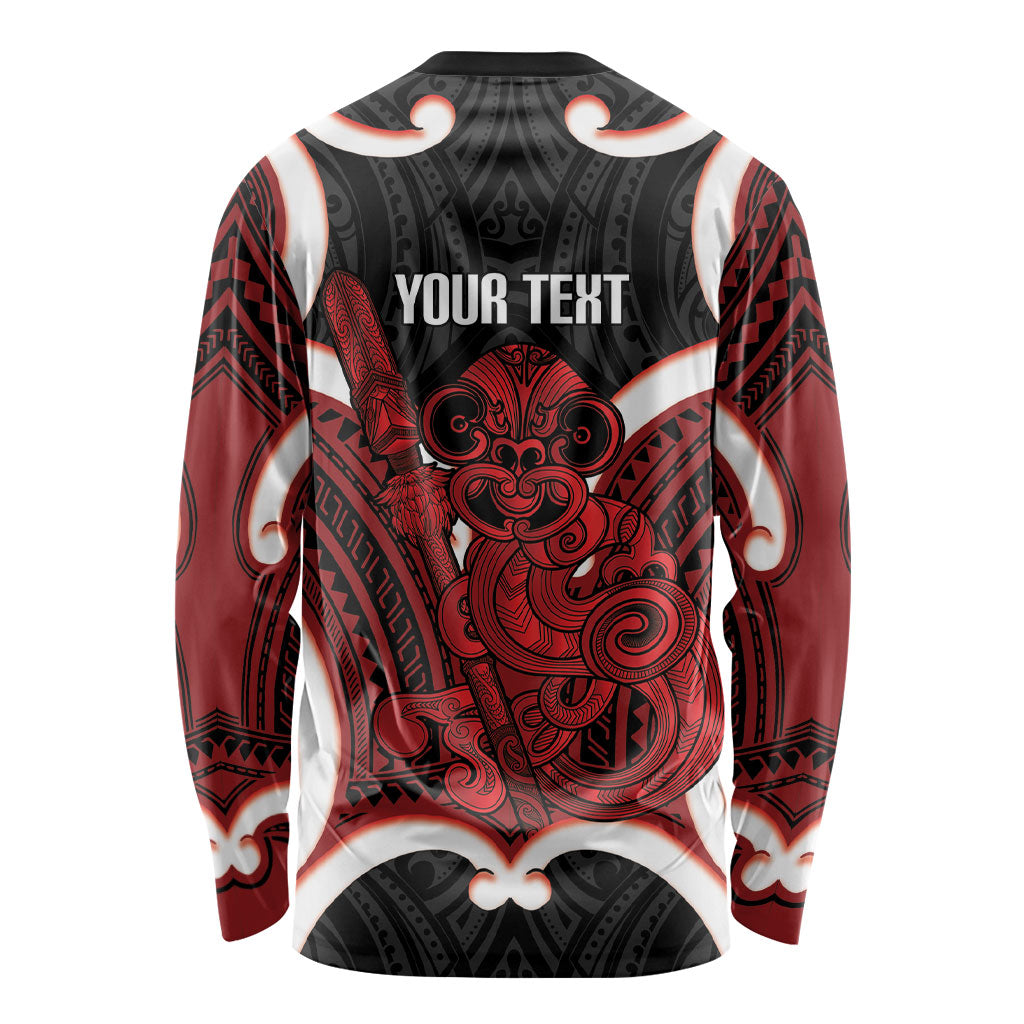 Whero Aotearoa Atua Tumatauenga Personalised Long Sleeve Shirt Maori God Of War Tiki With Taiaha LT14 - Polynesian Pride