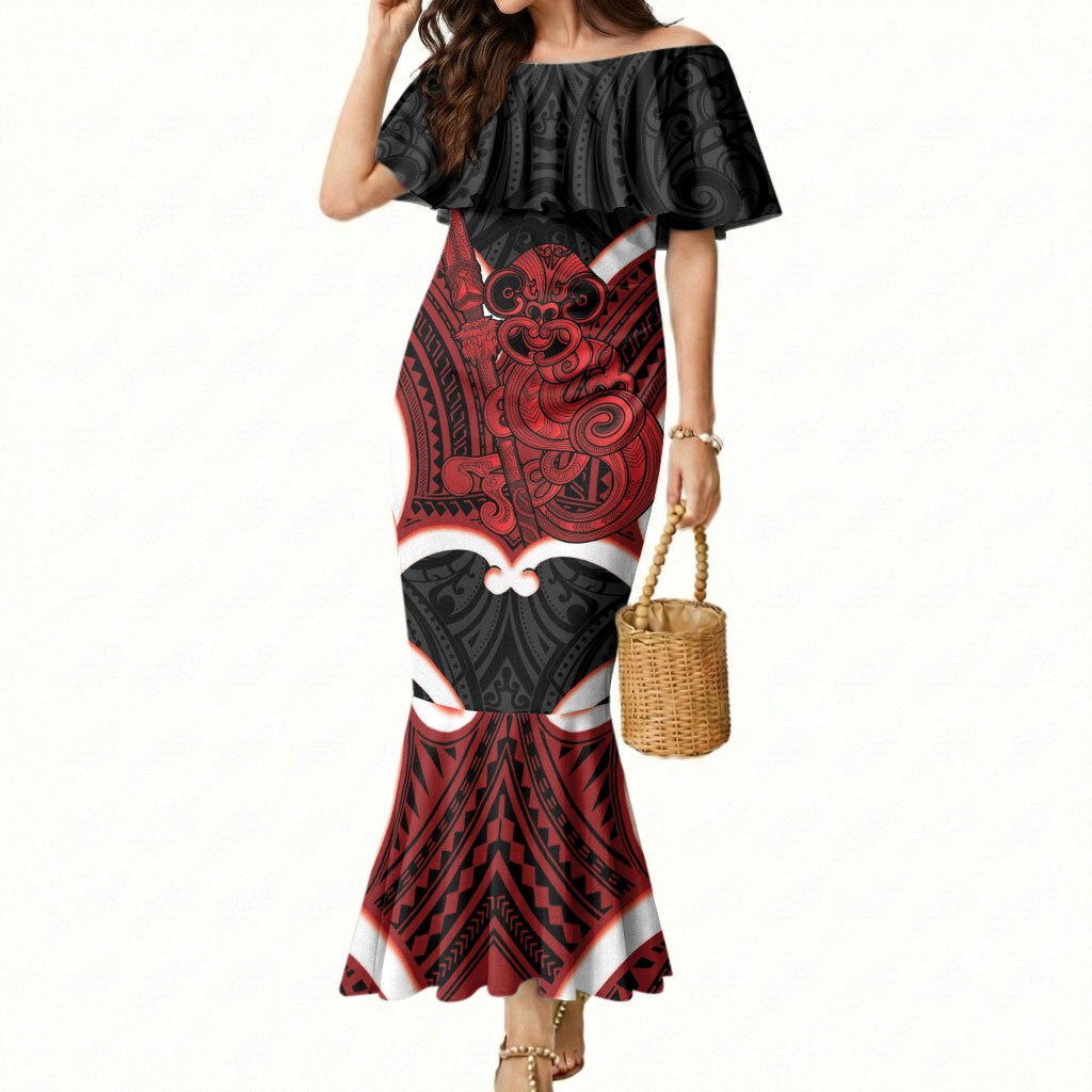 Whero Aotearoa Atua Tumatauenga Personalised Mermaid Dress Maori God Of War Tiki With Taiaha LT14 Women Red - Polynesian Pride