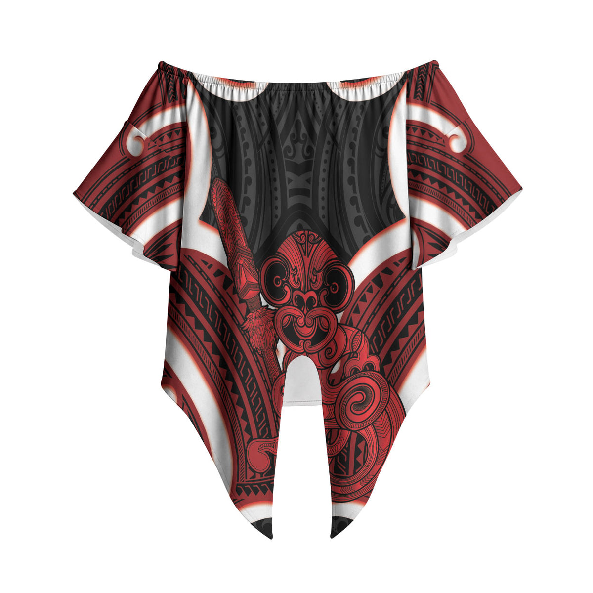 Whero Aotearoa Atua Tumatauenga Personalised Off Shoulder Wrap Waist Top Maori God Of War Tiki With Taiaha LT14 - Polynesian Pride