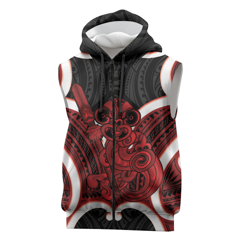 Whero Aotearoa Atua Tumatauenga Personalised Sleeveless Zip Hoodie Maori God Of War Tiki With Taiaha LT14 Red - Polynesian Pride