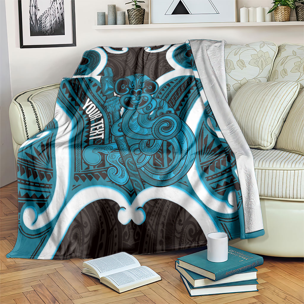 Kikorangi Aotearoa Atua Tumatauenga Personalised Blanket Maori God Of War Tiki With Taiaha LT14 Blue - Polynesian Pride