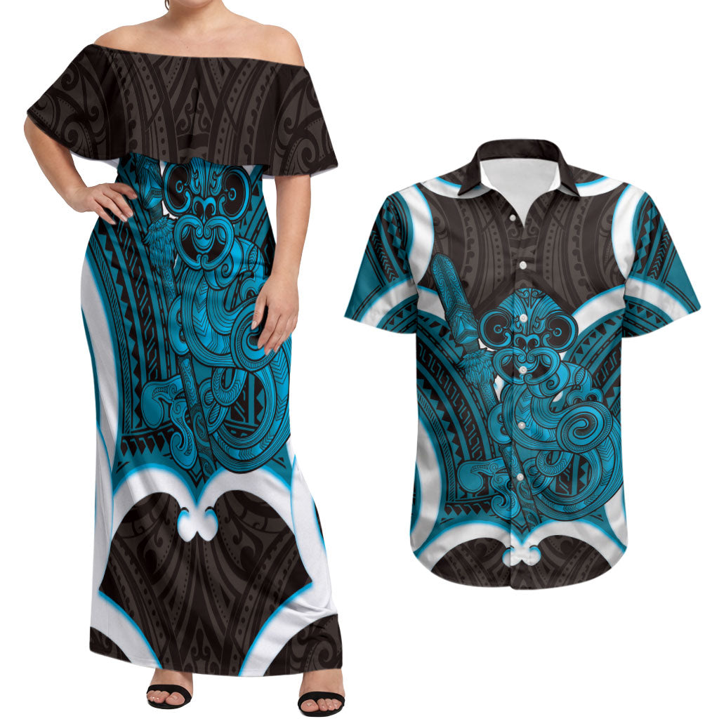 Kikorangi Aotearoa Atua Tumatauenga Personalised Couples Matching Off Shoulder Maxi Dress and Hawaiian Shirt Maori God Of War Tiki With Taiaha LT14 Blue - Polynesian Pride