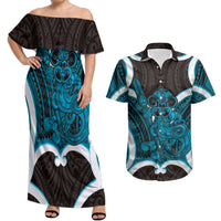 Kikorangi Aotearoa Atua Tumatauenga Personalised Couples Matching Off Shoulder Maxi Dress and Hawaiian Shirt Maori God Of War Tiki With Taiaha LT14 Blue - Polynesian Pride