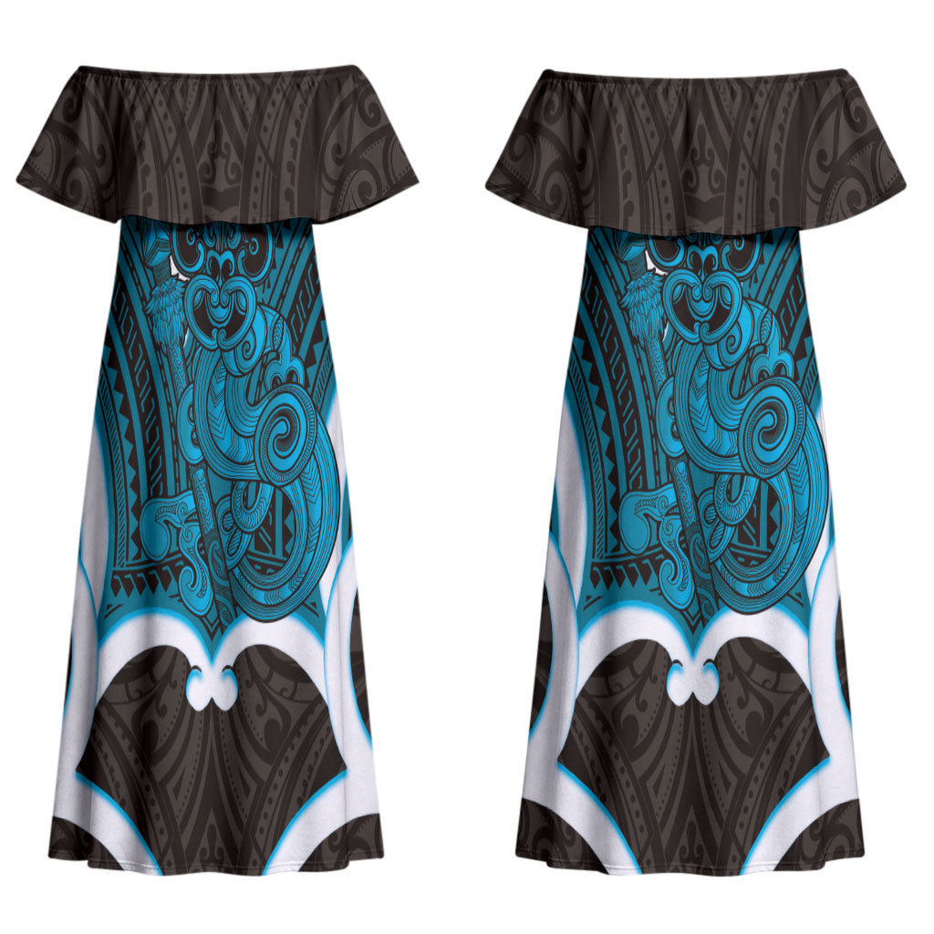 Kikorangi Aotearoa Atua Tumatauenga Personalised Couples Matching Off Shoulder Maxi Dress and Hawaiian Shirt Maori God Of War Tiki With Taiaha LT14 - Polynesian Pride