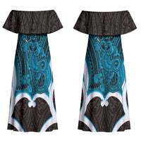 Kikorangi Aotearoa Atua Tumatauenga Personalised Couples Matching Off Shoulder Maxi Dress and Long Sleeve Button Shirt Maori God Of War Tiki With Taiaha LT14 - Polynesian Pride