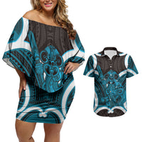 Kikorangi Aotearoa Atua Tumatauenga Personalised Couples Matching Off Shoulder Short Dress and Hawaiian Shirt Maori God Of War Tiki With Taiaha LT14 Blue - Polynesian Pride