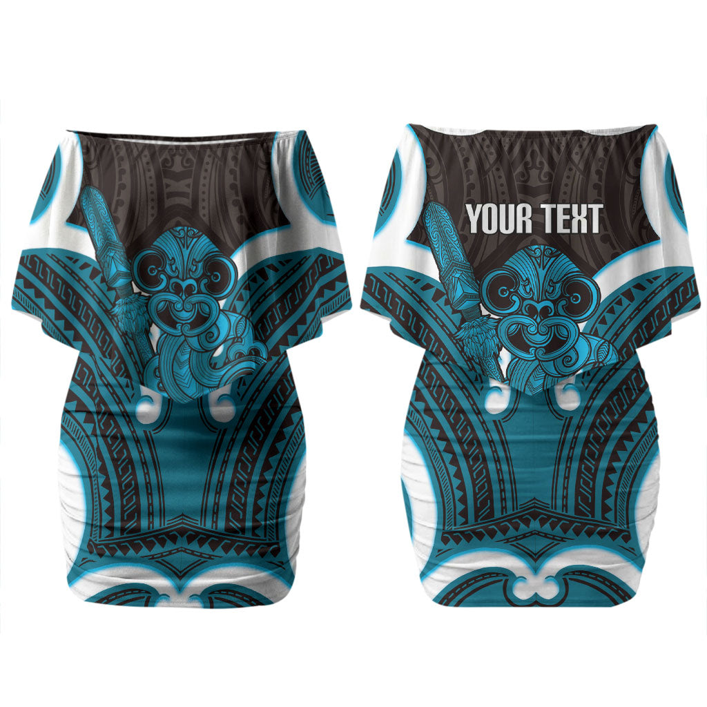 Kikorangi Aotearoa Atua Tumatauenga Personalised Couples Matching Off Shoulder Short Dress and Hawaiian Shirt Maori God Of War Tiki With Taiaha LT14 - Polynesian Pride