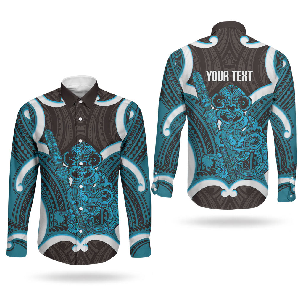 Kikorangi Aotearoa Atua Tumatauenga Personalised Couples Matching Off The Shoulder Long Sleeve Dress and Long Sleeve Button Shirt Maori God Of War Tiki With Taiaha LT14 - Polynesian Pride