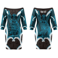 Kikorangi Aotearoa Atua Tumatauenga Personalised Couples Matching Off The Shoulder Long Sleeve Dress and Long Sleeve Button Shirt Maori God Of War Tiki With Taiaha LT14 - Polynesian Pride