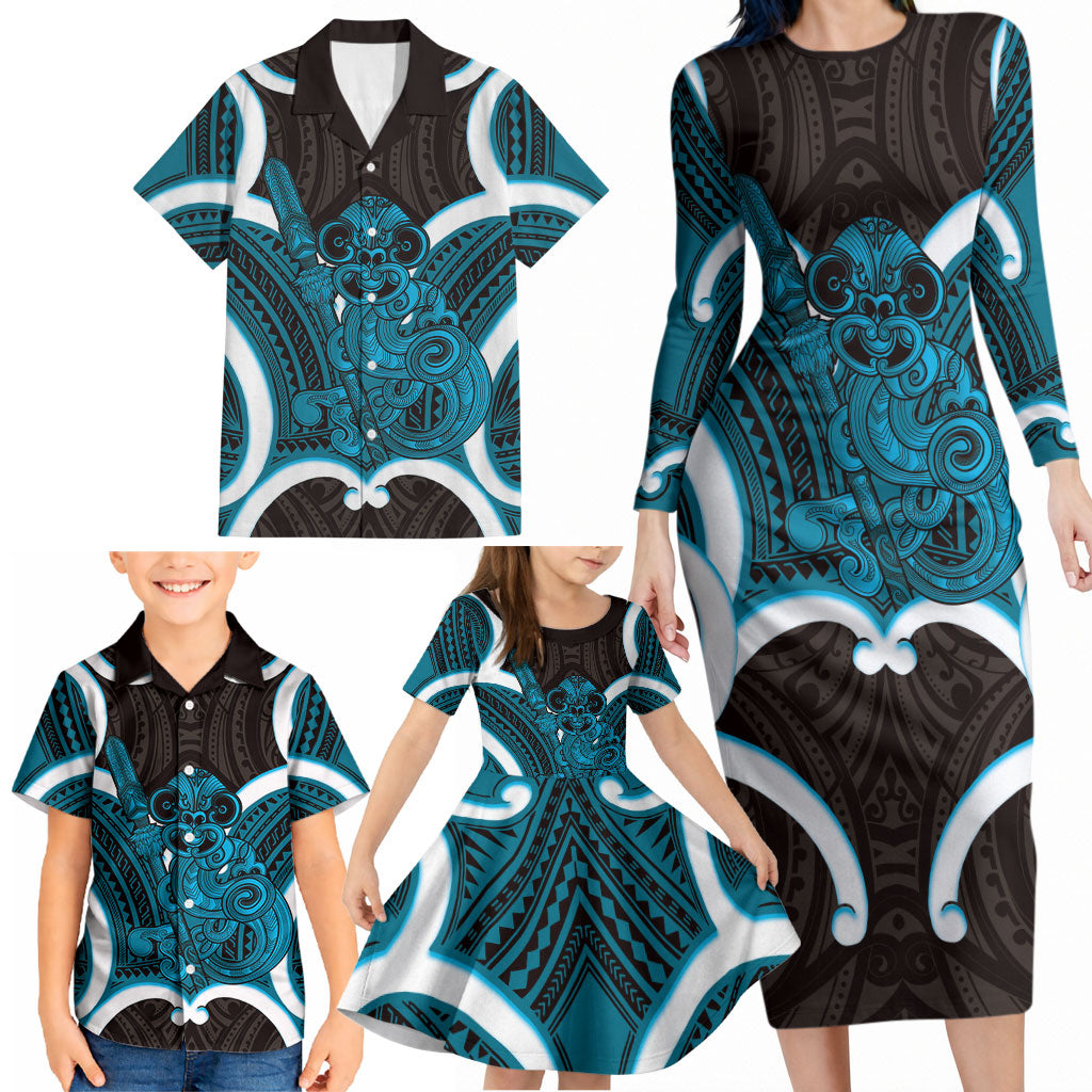 Kikorangi Aotearoa Atua Tumatauenga Personalised Family Matching Long Sleeve Bodycon Dress and Hawaiian Shirt Maori God Of War Tiki With Taiaha LT14 - Polynesian Pride