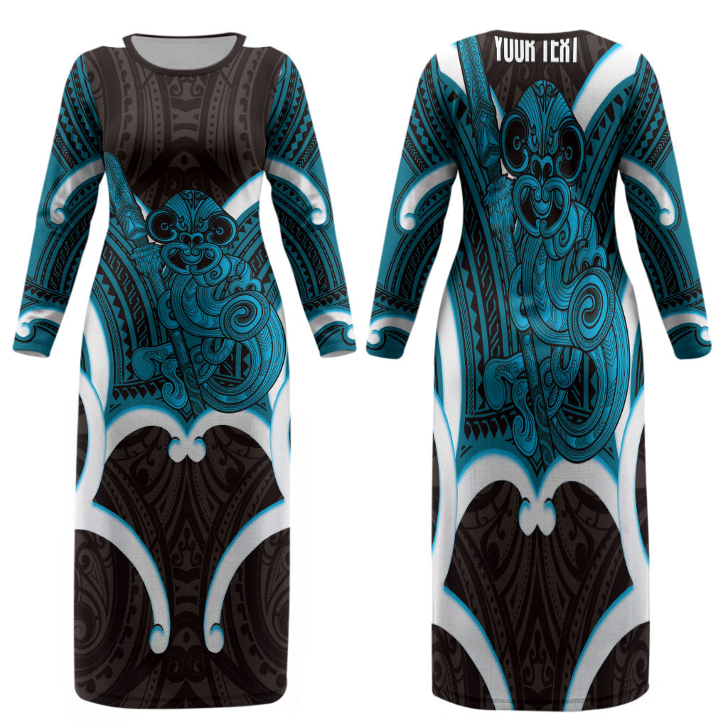 Kikorangi Aotearoa Atua Tumatauenga Personalised Family Matching Long Sleeve Bodycon Dress and Hawaiian Shirt Maori God Of War Tiki With Taiaha LT14 Mom's Dress Blue - Polynesian Pride