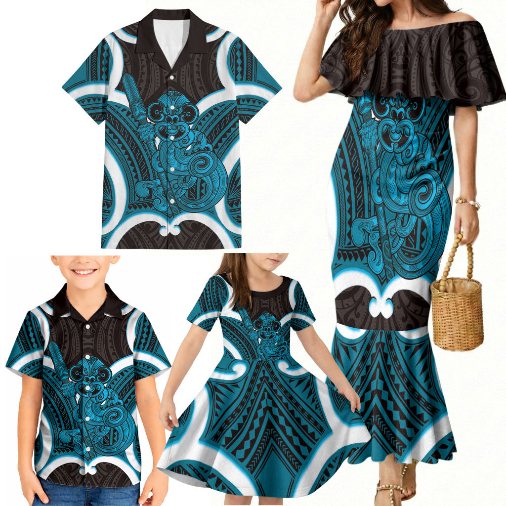 Kikorangi Aotearoa Atua Tumatauenga Personalised Family Matching Mermaid Dress and Hawaiian Shirt Maori God Of War Tiki With Taiaha LT14 - Polynesian Pride