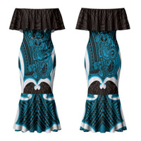 Kikorangi Aotearoa Atua Tumatauenga Personalised Family Matching Mermaid Dress and Hawaiian Shirt Maori God Of War Tiki With Taiaha LT14 Mom's Dress Blue - Polynesian Pride