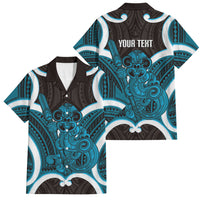 Kikorangi Aotearoa Atua Tumatauenga Personalised Family Matching Mermaid Dress and Hawaiian Shirt Maori God Of War Tiki With Taiaha LT14 Dad's Shirt - Short Sleeve Blue - Polynesian Pride