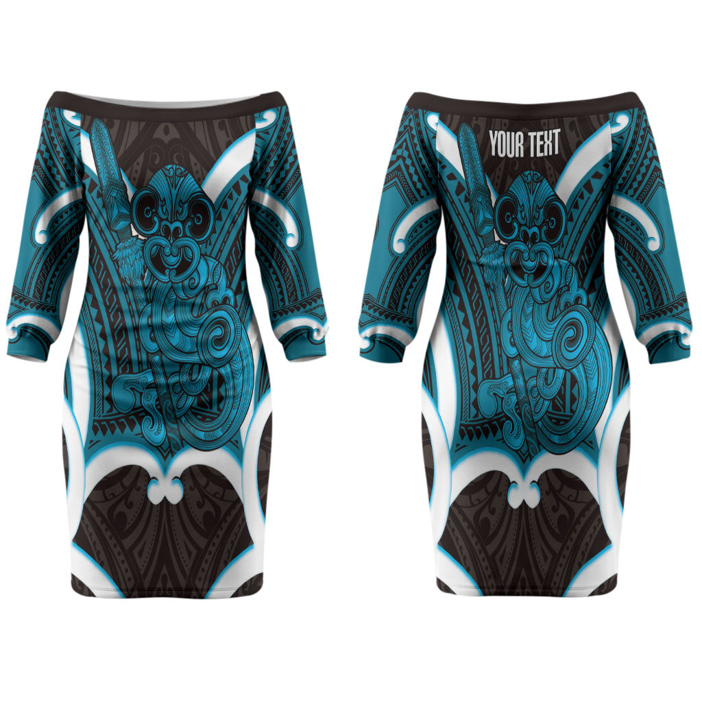 Kikorangi Aotearoa Atua Tumatauenga Personalised Family Matching Off The Shoulder Long Sleeve Dress and Hawaiian Shirt Maori God Of War Tiki With Taiaha LT14 Mom's Dress Blue - Polynesian Pride