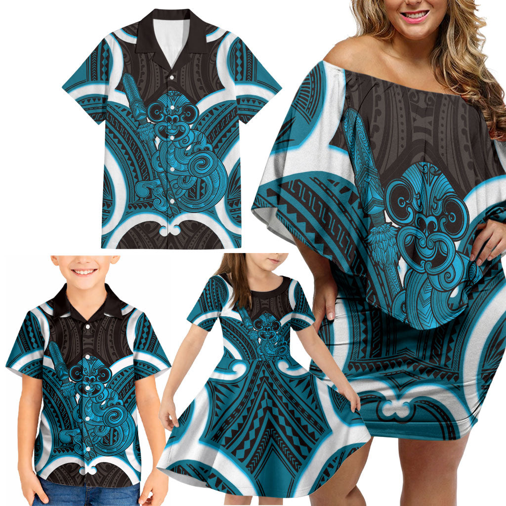 Kikorangi Aotearoa Atua Tumatauenga Personalised Family Matching Off Shoulder Short Dress and Hawaiian Shirt Maori God Of War Tiki With Taiaha LT14 - Polynesian Pride