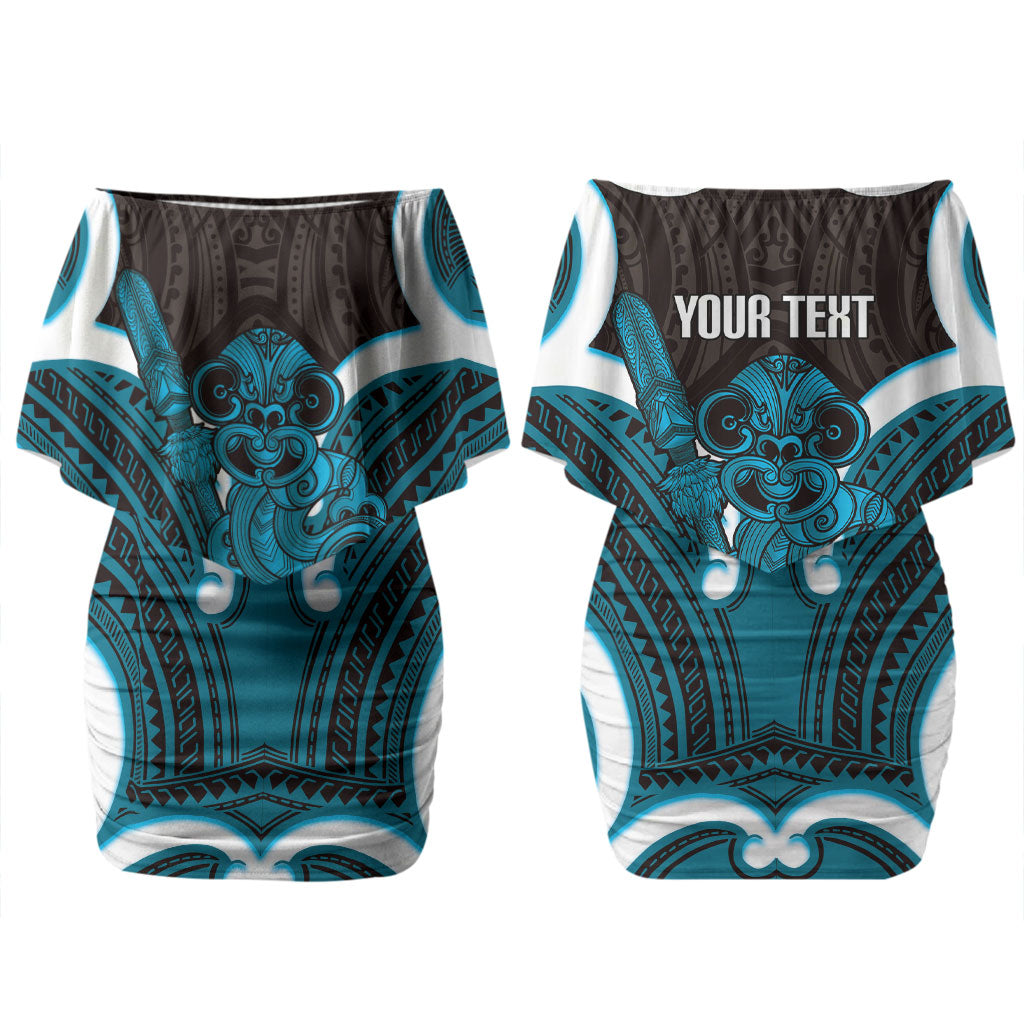 Kikorangi Aotearoa Atua Tumatauenga Personalised Family Matching Off Shoulder Short Dress and Hawaiian Shirt Maori God Of War Tiki With Taiaha LT14 Mom's Dress Blue - Polynesian Pride