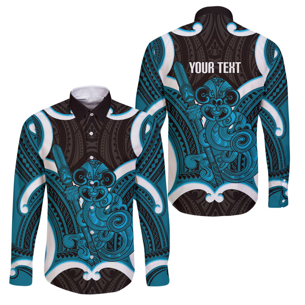 Kikorangi Aotearoa Atua Tumatauenga Personalised Family Matching Off Shoulder Short Dress and Hawaiian Shirt Maori God Of War Tiki With Taiaha LT14 Dad's Shirt - Long Sleeve Blue - Polynesian Pride