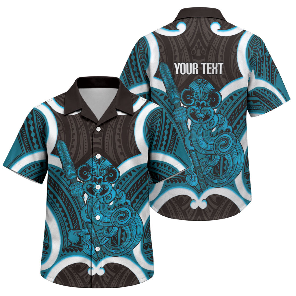 Kikorangi Aotearoa Atua Tumatauenga Personalised Family Matching Off Shoulder Short Dress and Hawaiian Shirt Maori God Of War Tiki With Taiaha LT14 Son's Shirt Blue - Polynesian Pride