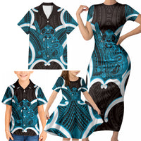 Kikorangi Aotearoa Atua Tumatauenga Personalised Family Matching Short Sleeve Bodycon Dress and Hawaiian Shirt Maori God Of War Tiki With Taiaha LT14 - Polynesian Pride