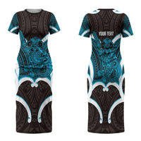 Kikorangi Aotearoa Atua Tumatauenga Personalised Family Matching Short Sleeve Bodycon Dress and Hawaiian Shirt Maori God Of War Tiki With Taiaha LT14 Mom's Dress Blue - Polynesian Pride
