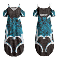 Kikorangi Aotearoa Atua Tumatauenga Personalised Family Matching Summer Maxi Dress and Hawaiian Shirt Maori God Of War Tiki With Taiaha LT14 Mom's Dress Blue - Polynesian Pride