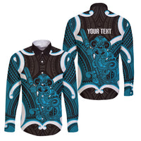 Kikorangi Aotearoa Atua Tumatauenga Personalised Family Matching Summer Maxi Dress and Hawaiian Shirt Maori God Of War Tiki With Taiaha LT14 Dad's Shirt - Long Sleeve Blue - Polynesian Pride