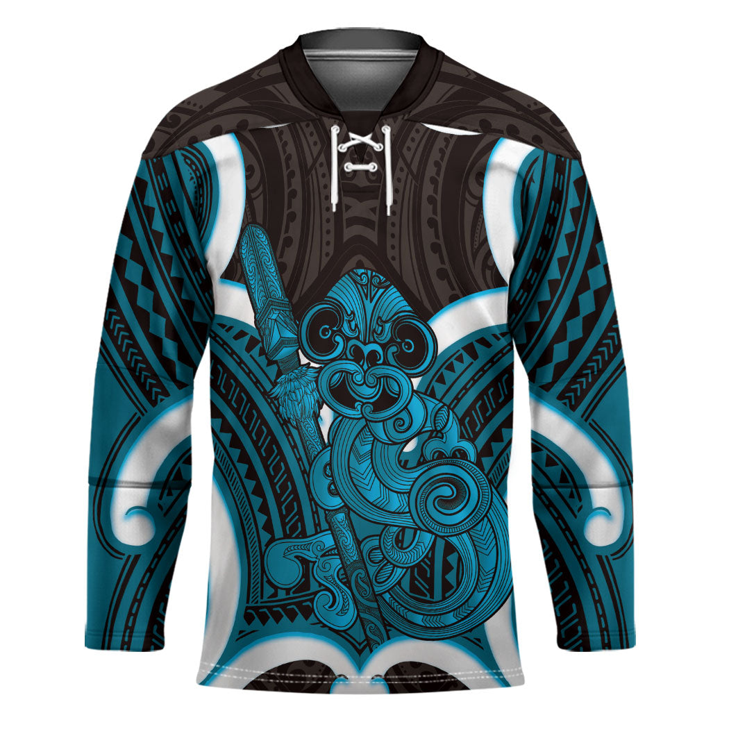 Kikorangi Aotearoa Atua Tumatauenga Personalised Hockey Jersey Maori God Of War Tiki With Taiaha LT14 Unisex Blue - Polynesian Pride