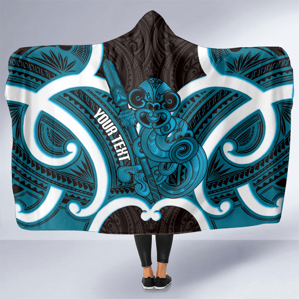 Kikorangi Aotearoa Atua Tumatauenga Personalised Hooded Blanket Maori God Of War Tiki With Taiaha LT14 One Size Blue - Polynesian Pride