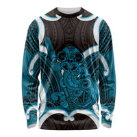Kikorangi Aotearoa Atua Tumatauenga Personalised Long Sleeve Shirt Maori God Of War Tiki With Taiaha LT14 Unisex Blue - Polynesian Pride