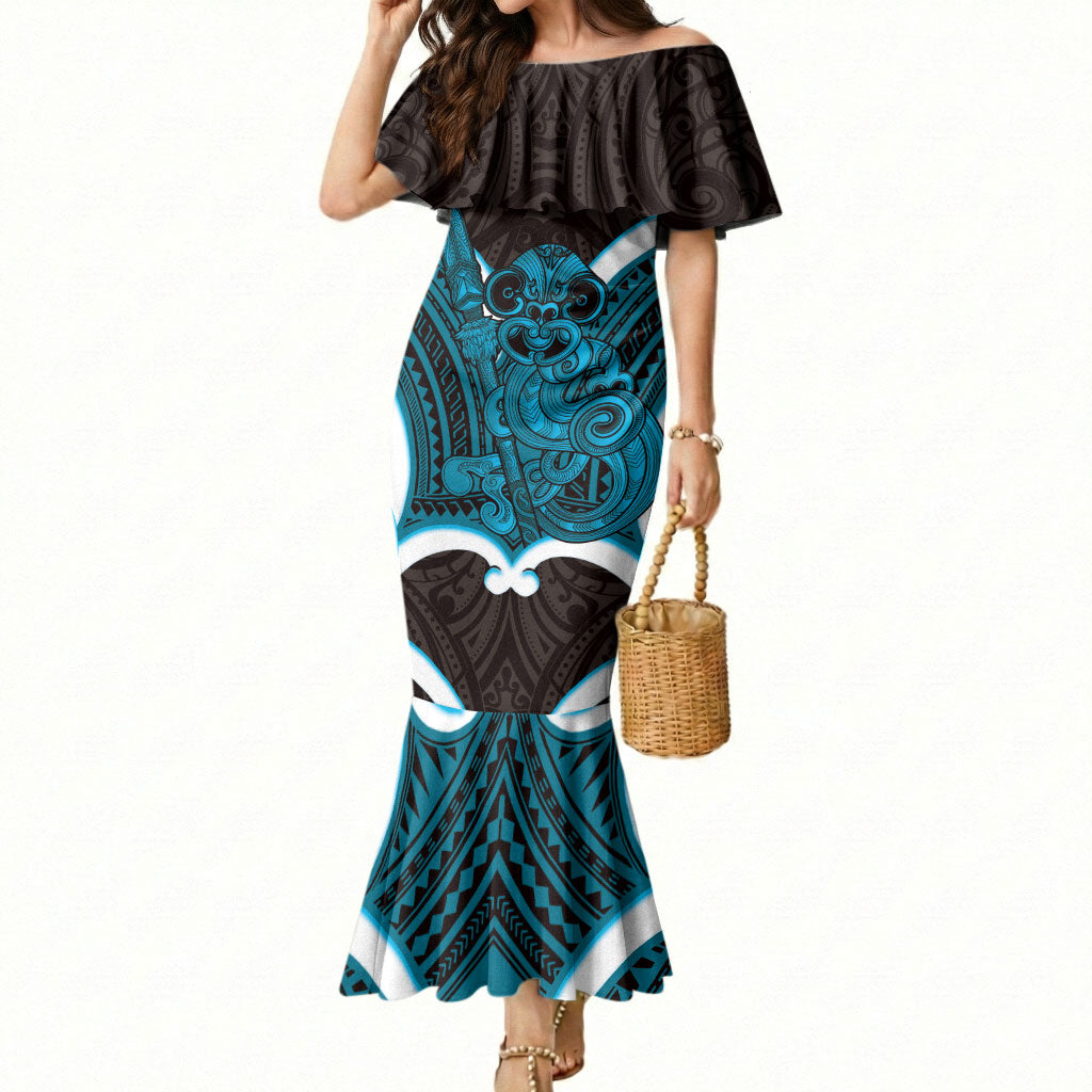 Kikorangi Aotearoa Atua Tumatauenga Personalised Mermaid Dress Maori God Of War Tiki With Taiaha LT14 Women Blue - Polynesian Pride