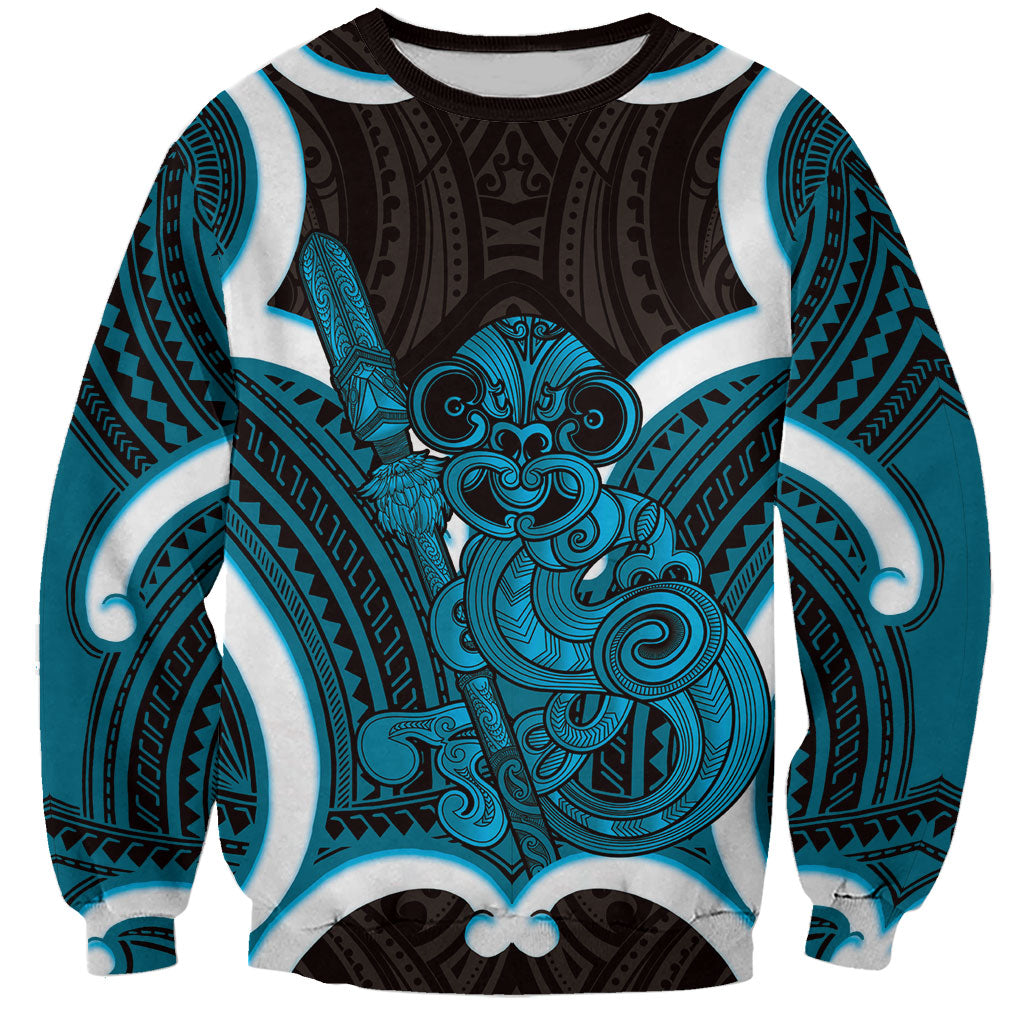 Kikorangi Aotearoa Atua Tumatauenga Personalised Sweatshirt Maori God Of War Tiki With Taiaha LT14 Unisex Blue - Polynesian Pride