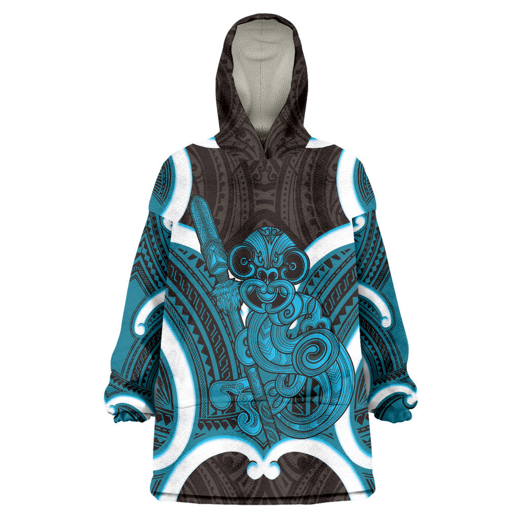 Kikorangi Aotearoa Atua Tumatauenga Personalised Wearable Blanket Hoodie Maori God Of War Tiki With Taiaha LT14 One Size Blue - Polynesian Pride