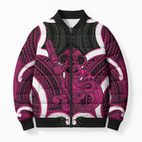 Mawhero Aotearoa Atua Tumatauenga Personalised Bomber Puffer Jacket Maori God Of War Tiki With Taiaha LT14 Unisex Pink - Polynesian Pride