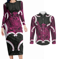 Mawhero Aotearoa Atua Tumatauenga Personalised Couples Matching Long Sleeve Bodycon Dress and Long Sleeve Button Shirt Maori God Of War Tiki With Taiaha LT14 Pink - Polynesian Pride