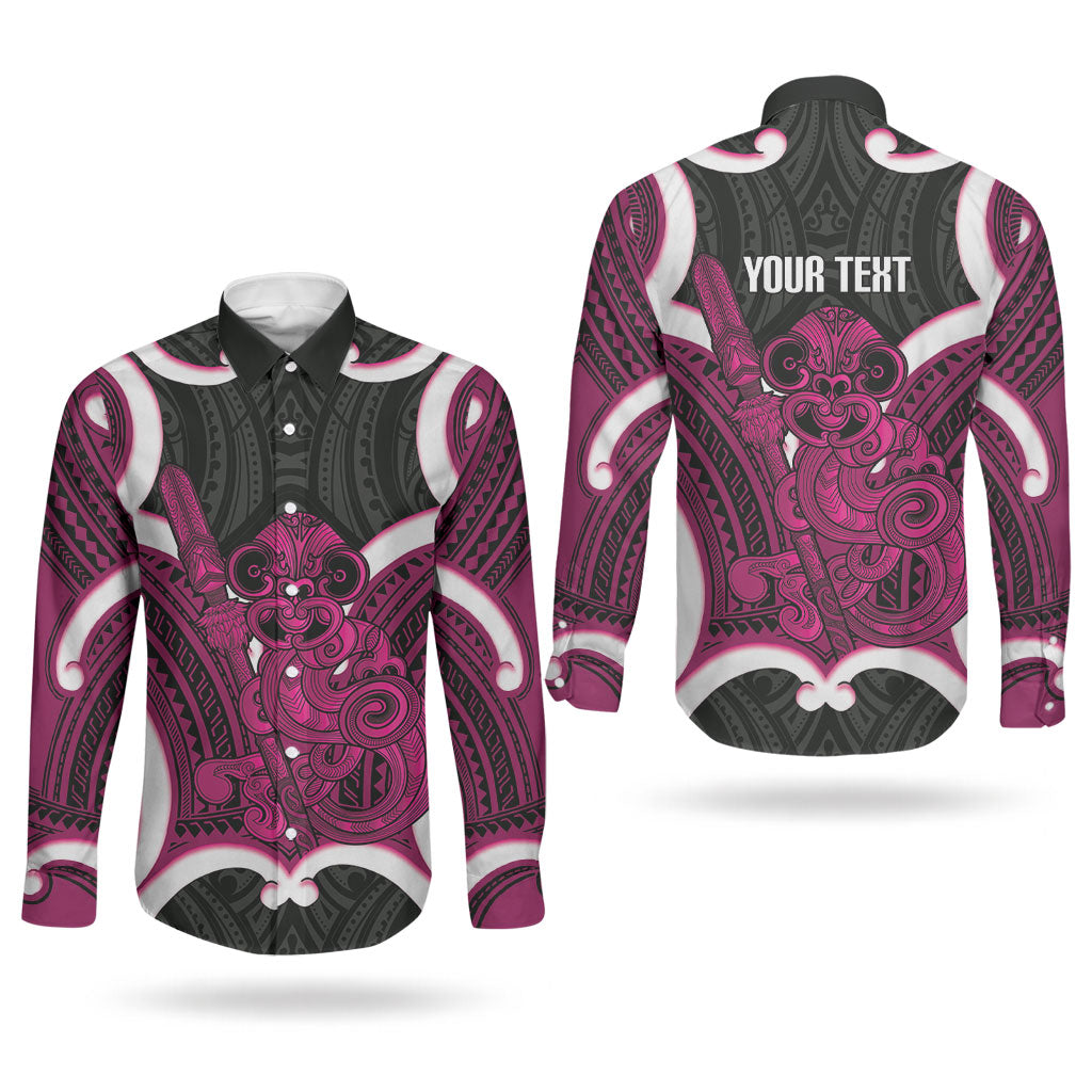 Mawhero Aotearoa Atua Tumatauenga Personalised Couples Matching Long Sleeve Bodycon Dress and Long Sleeve Button Shirt Maori God Of War Tiki With Taiaha LT14 - Polynesian Pride