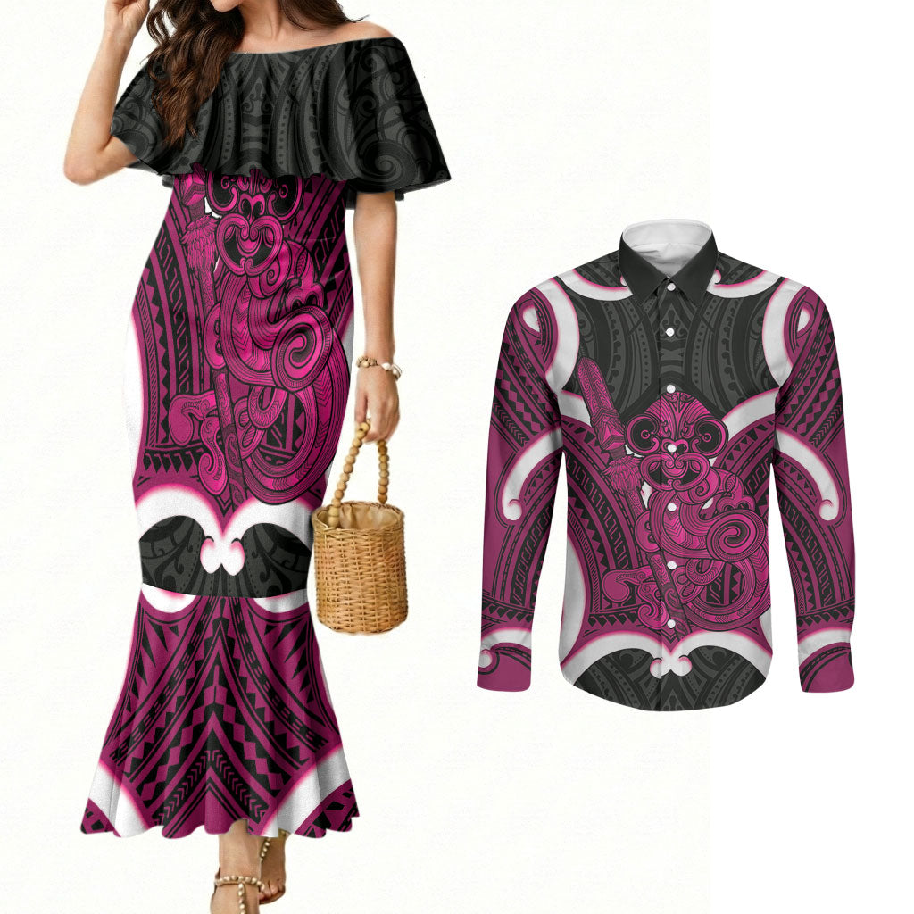 Mawhero Aotearoa Atua Tumatauenga Personalised Couples Matching Mermaid Dress and Long Sleeve Button Shirt Maori God Of War Tiki With Taiaha LT14 Pink - Polynesian Pride