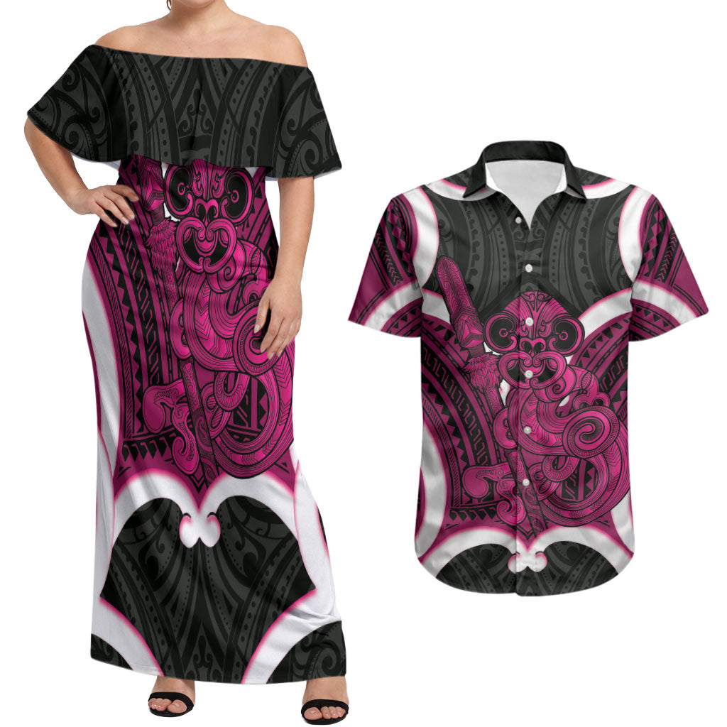 Mawhero Aotearoa Atua Tumatauenga Personalised Couples Matching Off Shoulder Maxi Dress and Hawaiian Shirt Maori God Of War Tiki With Taiaha LT14 Pink - Polynesian Pride