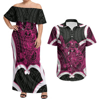 Mawhero Aotearoa Atua Tumatauenga Personalised Couples Matching Off Shoulder Maxi Dress and Hawaiian Shirt Maori God Of War Tiki With Taiaha LT14 Pink - Polynesian Pride