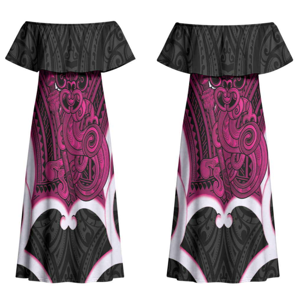 Mawhero Aotearoa Atua Tumatauenga Personalised Couples Matching Off Shoulder Maxi Dress and Hawaiian Shirt Maori God Of War Tiki With Taiaha LT14 - Polynesian Pride