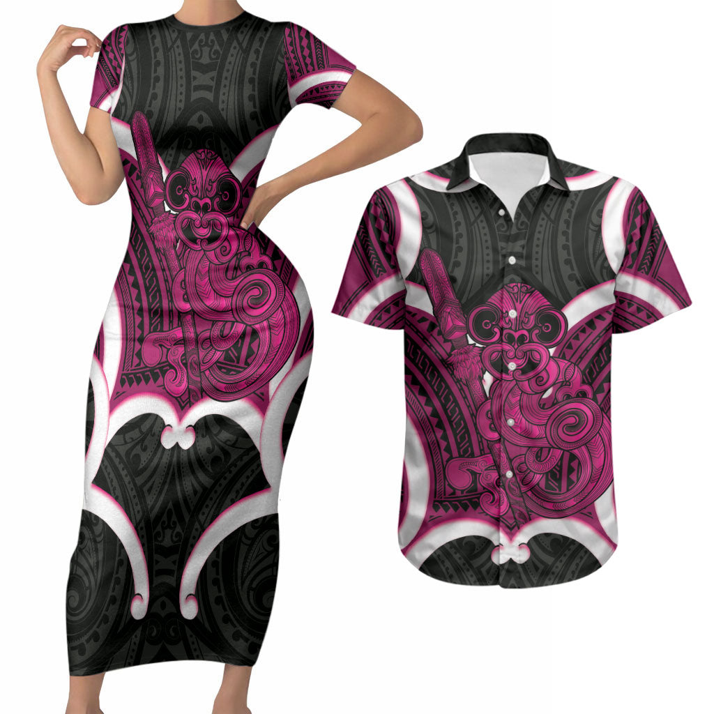 Mawhero Aotearoa Atua Tumatauenga Personalised Couples Matching Short Sleeve Bodycon Dress and Hawaiian Shirt Maori God Of War Tiki With Taiaha LT14 Pink - Polynesian Pride